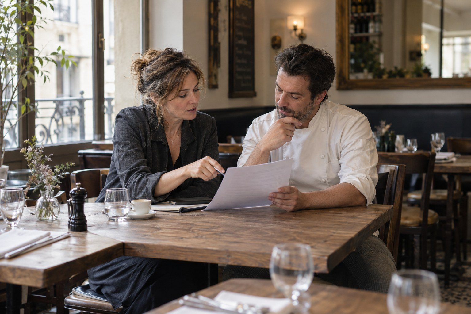Échange de travail entre une dirigeante et un chef dans un restaurant.