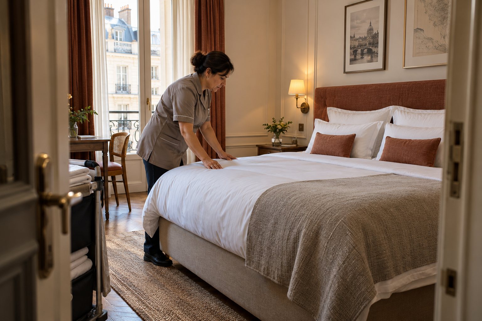 Une employée d’étage prépare le lit d’une chambre d’hôtel.