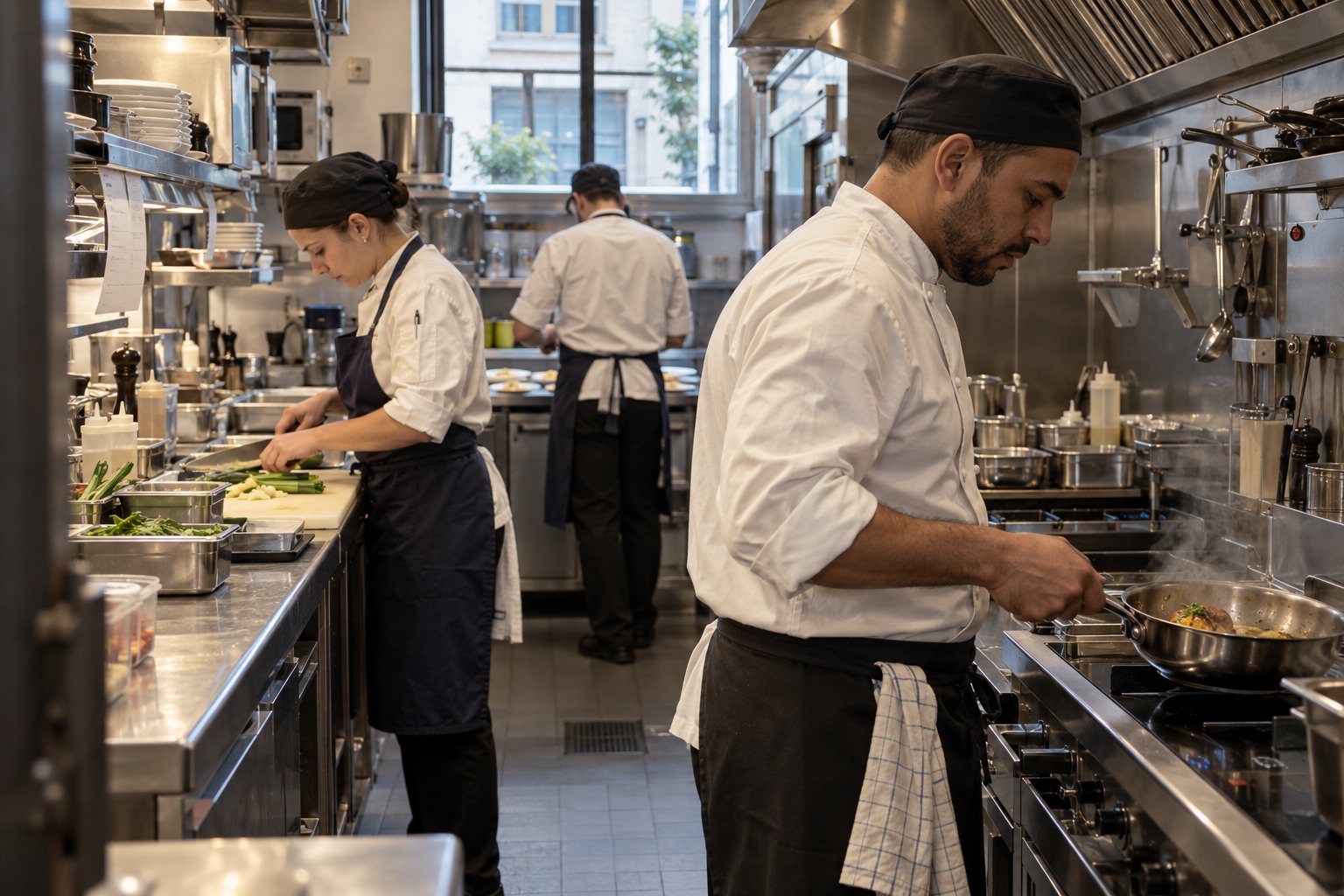 Une brigade au travail en cuisine, un cuisinier au piano au premier plan.