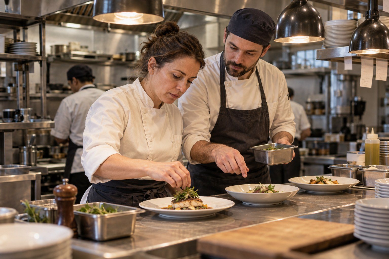 Deux professionnels coordonnent le dressage des assiettes en cuisine.