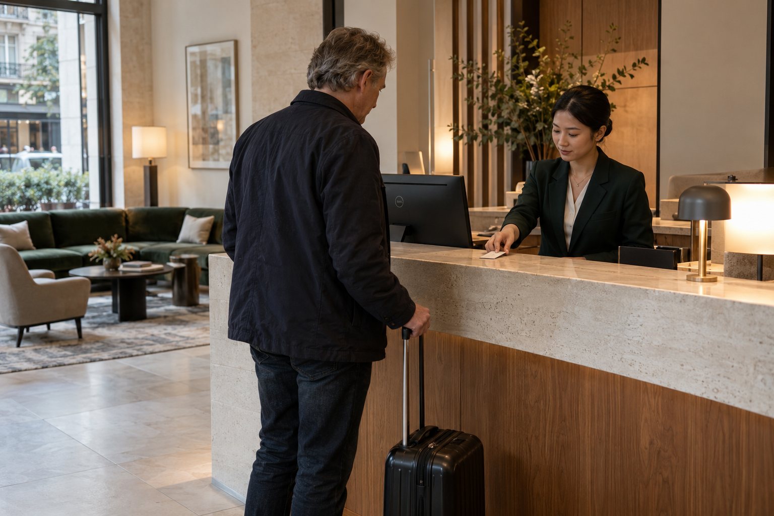 Une réceptionniste remet sa clé à un client à l’arrivée dans un hôtel.