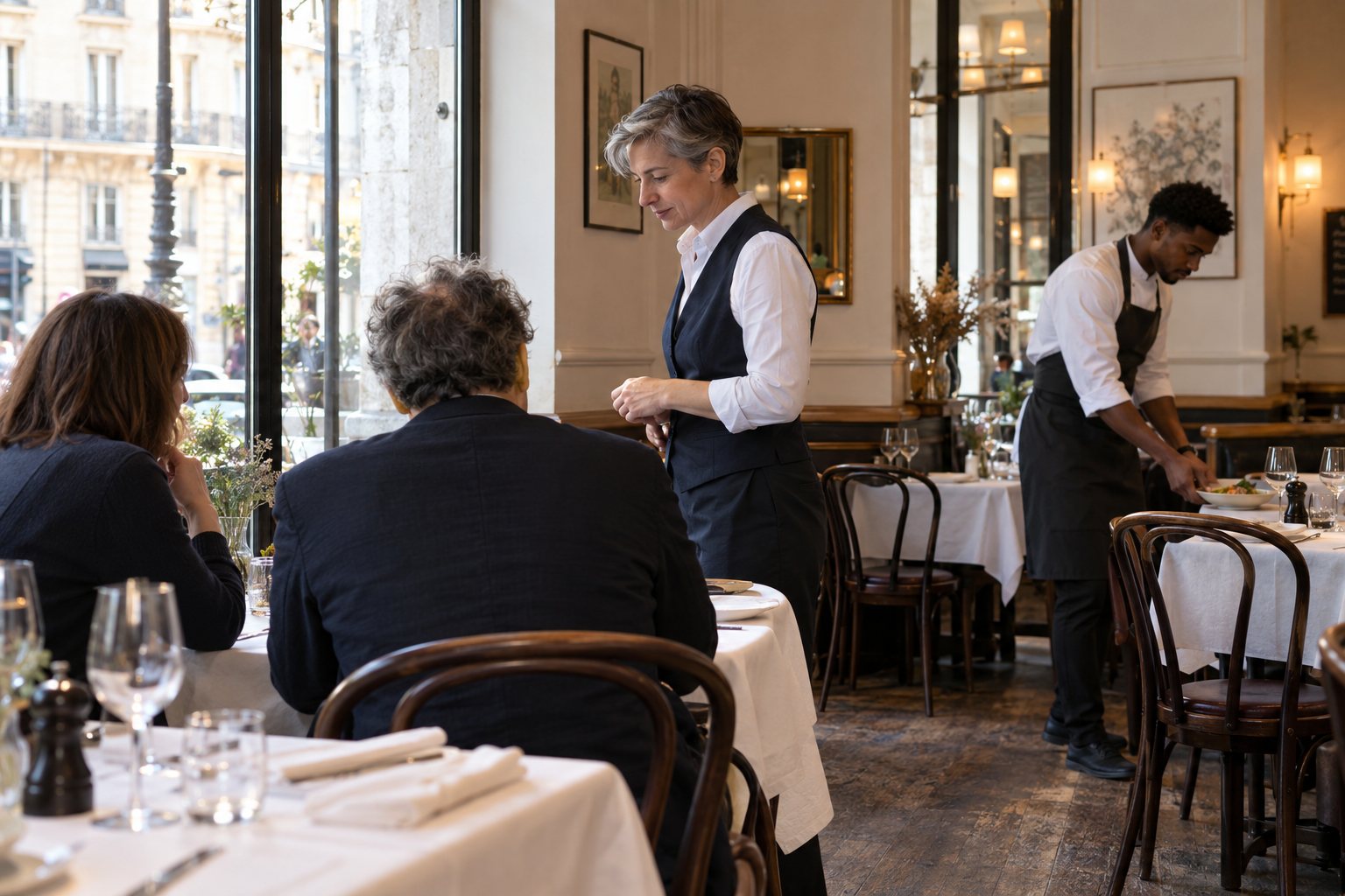 Une maître d’hôtel prend la commande à une table, un chef de rang sert derrière elle.