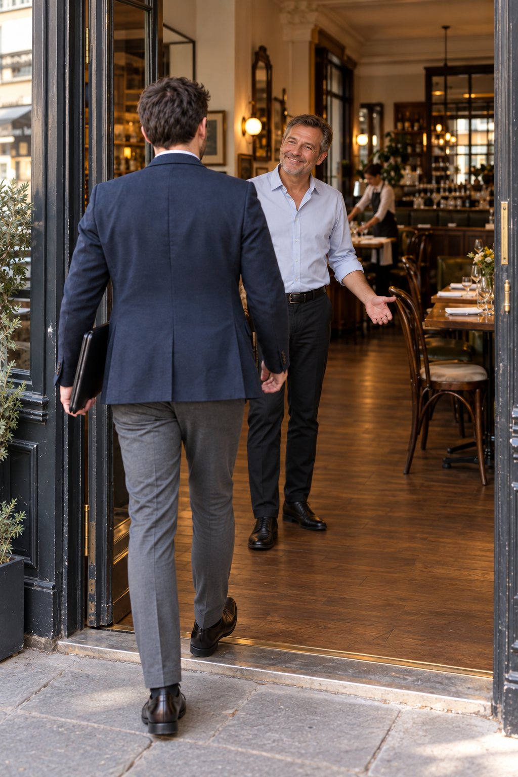 Un restaurateur accueille son conseiller en recrutement à l’entrée de la salle.